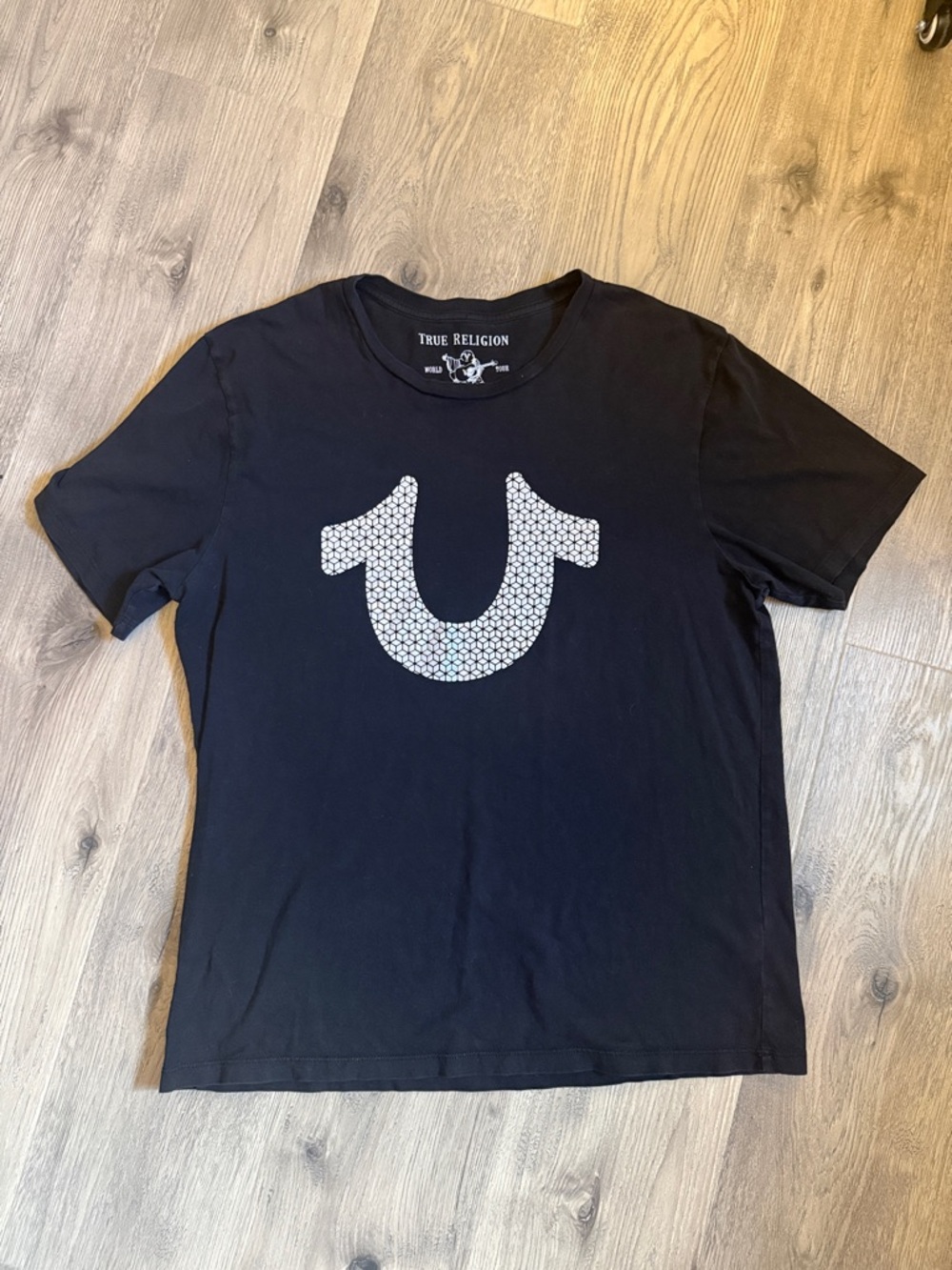 True Religion Men’s Black Tee with White Horseshoe Graphic